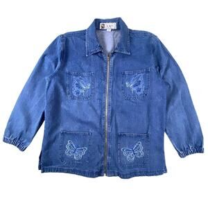 Butterfly Denim Jacket Womens S Blue Embroidered Rhinestone Zip Y2K Shirt Jacket